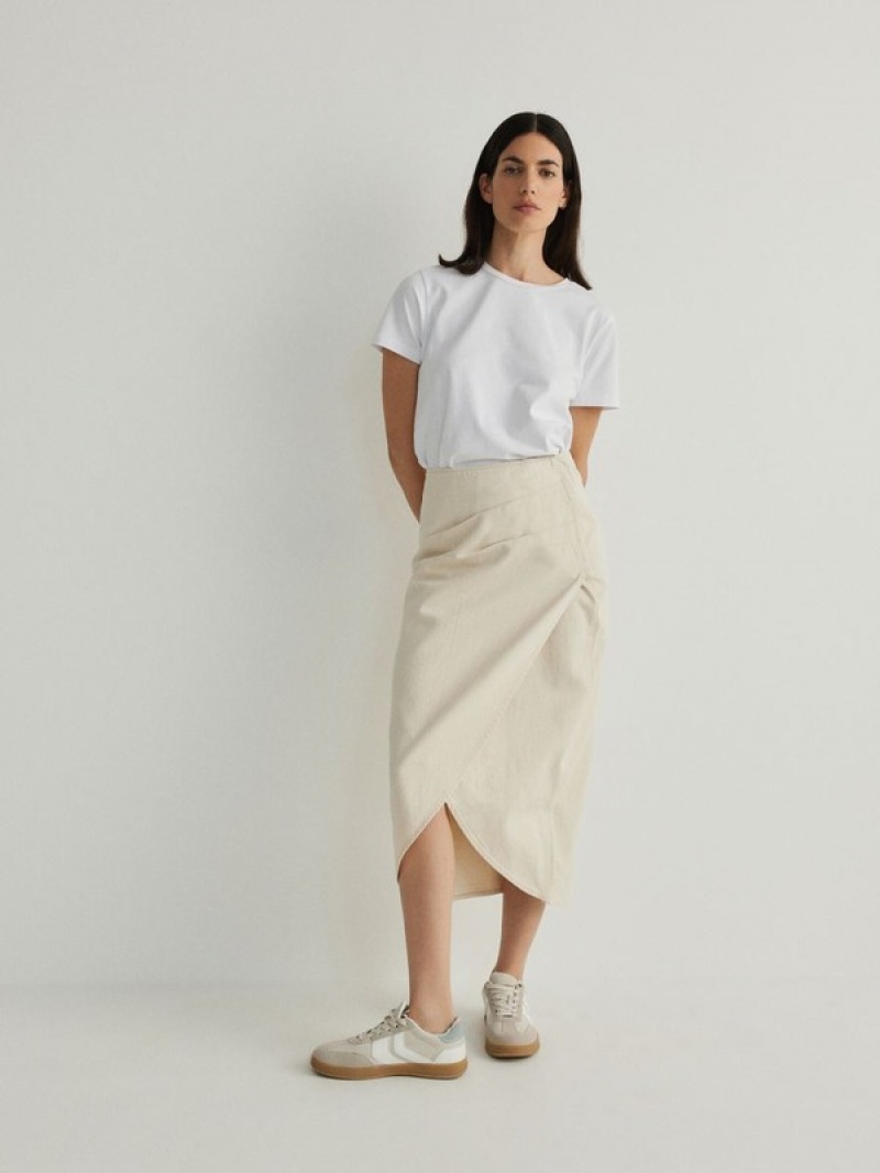 Beige Reserved Wrap Front Midi Women\'s Skirts | IUDS-50847