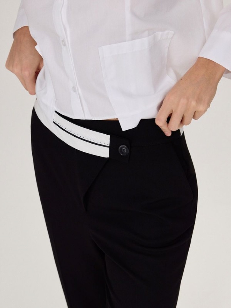 Black Reserved Asymmetrical Zipping Women's Trousers | HTQF-98435