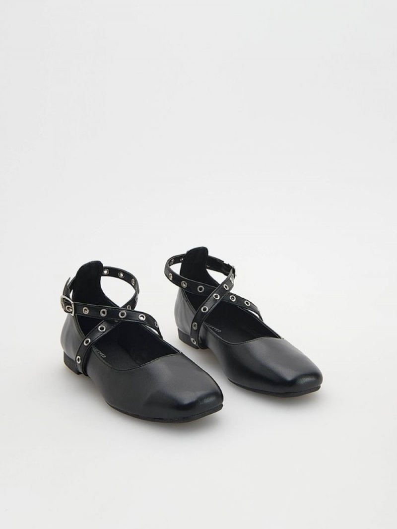 Black Reserved Ballerinas Girls\' Shoes | RTQO-85236