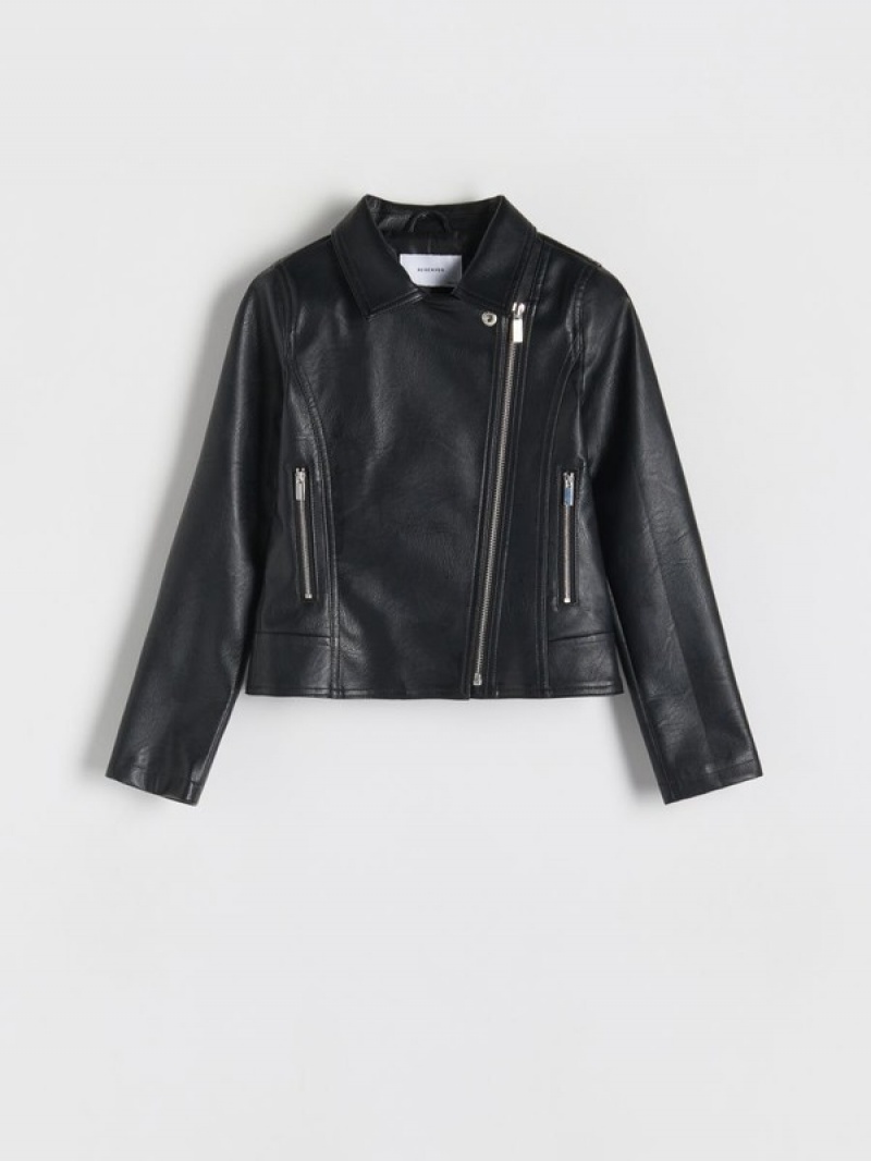 Black Reserved Biker Girls' Jackets | UVTL-72951