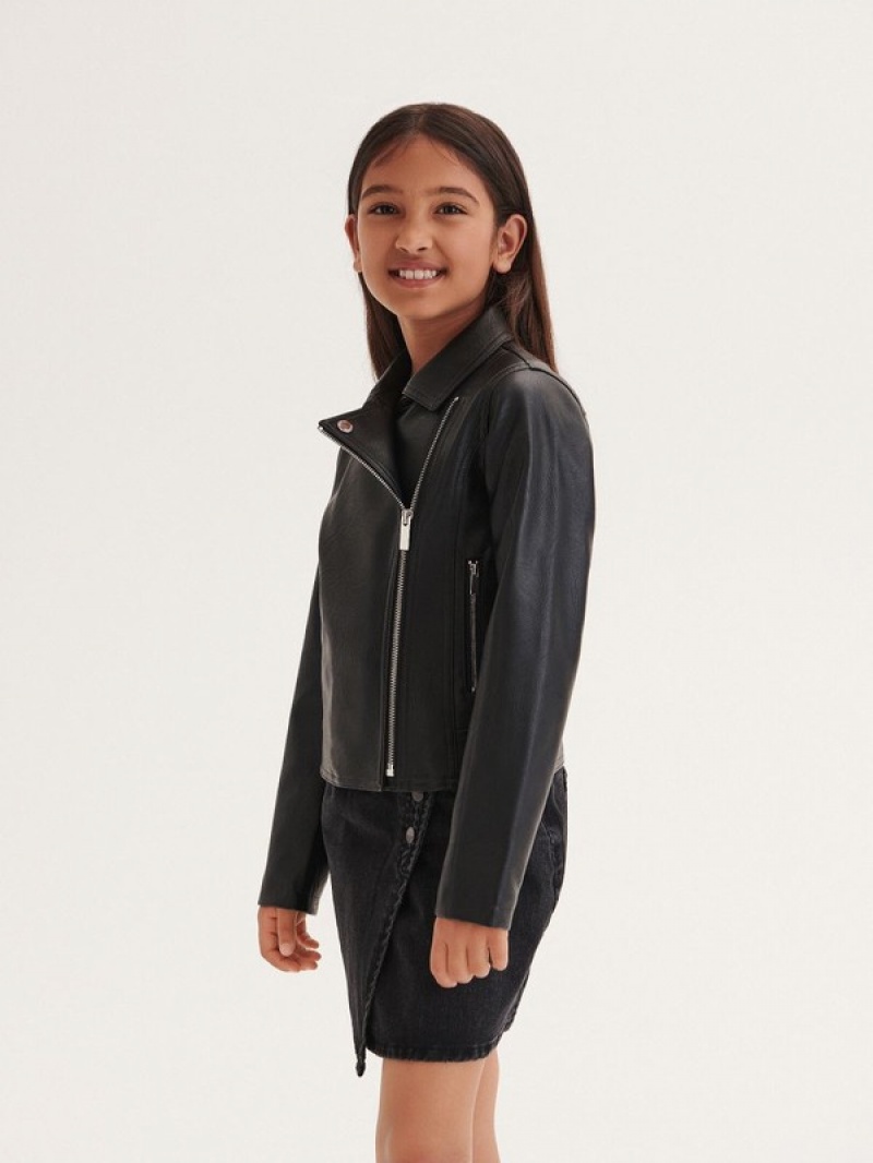 Black Reserved Biker Girls' Jackets | UVTL-72951