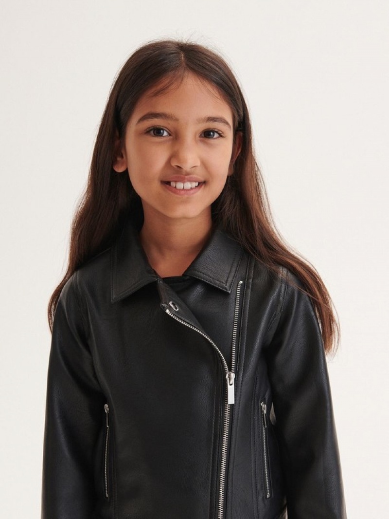 Black Reserved Biker Girls' Jackets | UVTL-72951