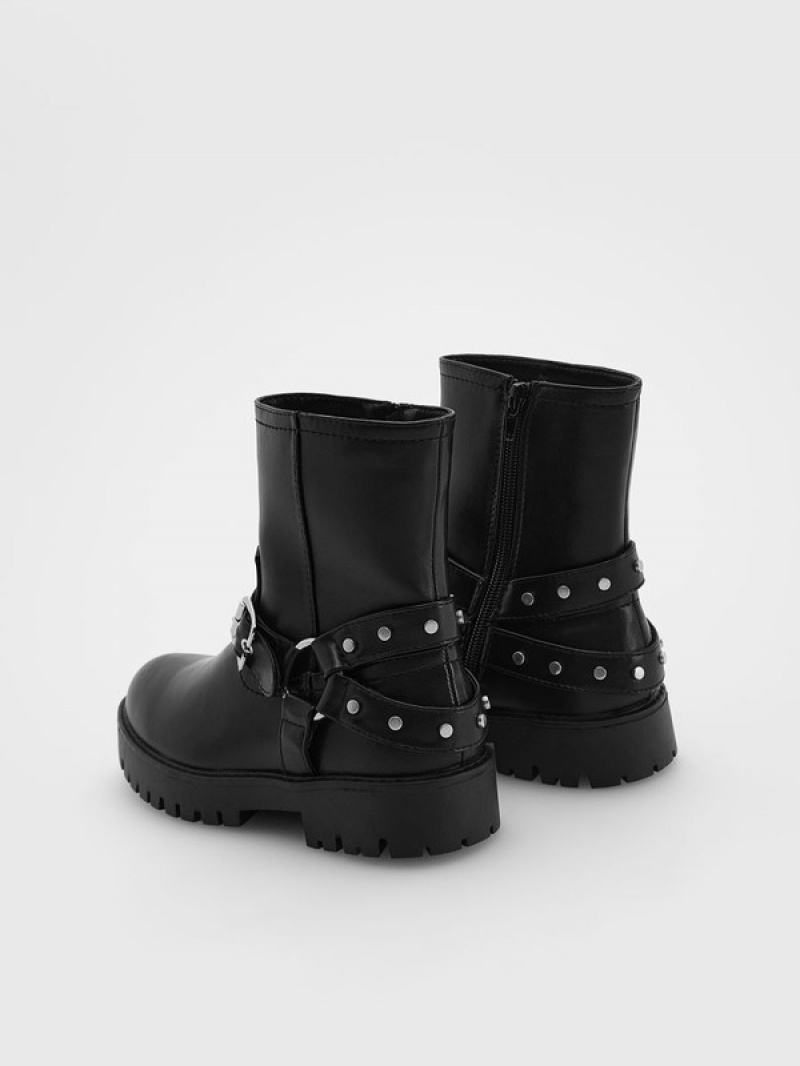 Black Reserved Biker Girls' Shoes | RALB-94675