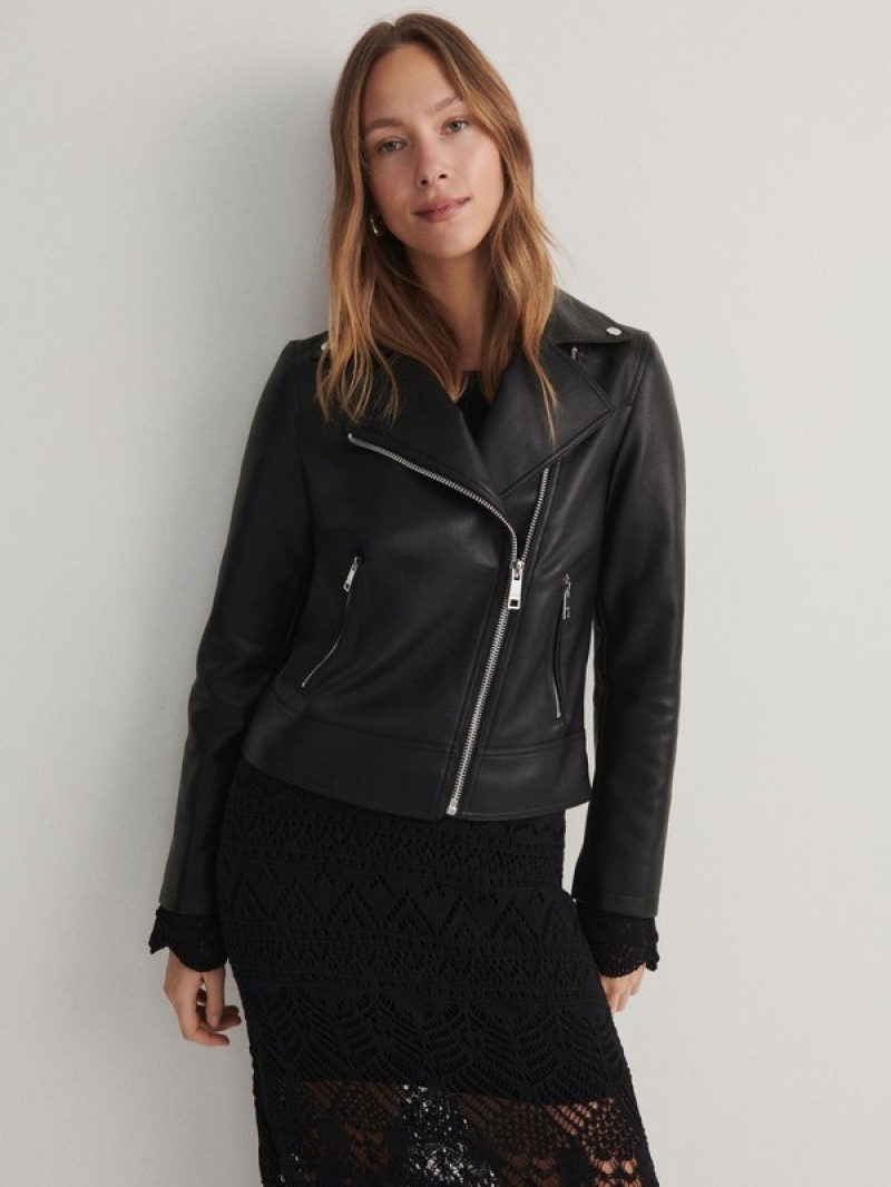 Black Reserved Biker Women's Jackets | MBSA-23068