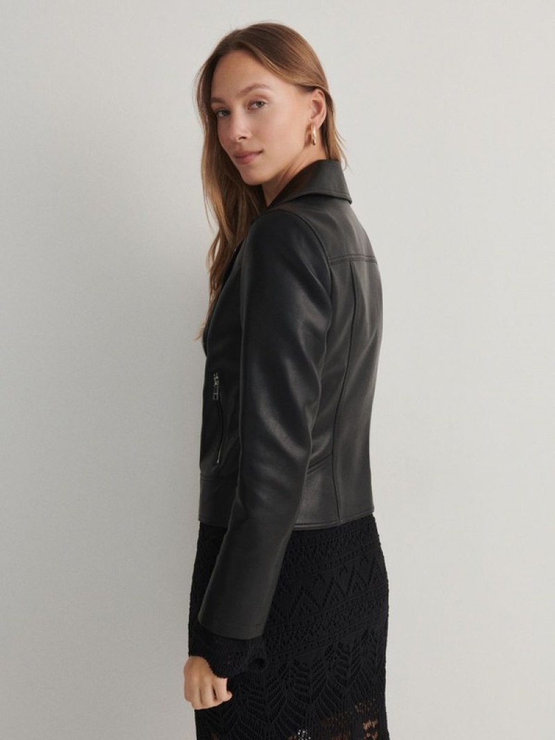 Black Reserved Biker Women's Jackets | MBSA-23068