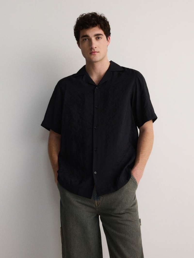 Black Reserved Boxy Men's Shirts | QZNA-46509