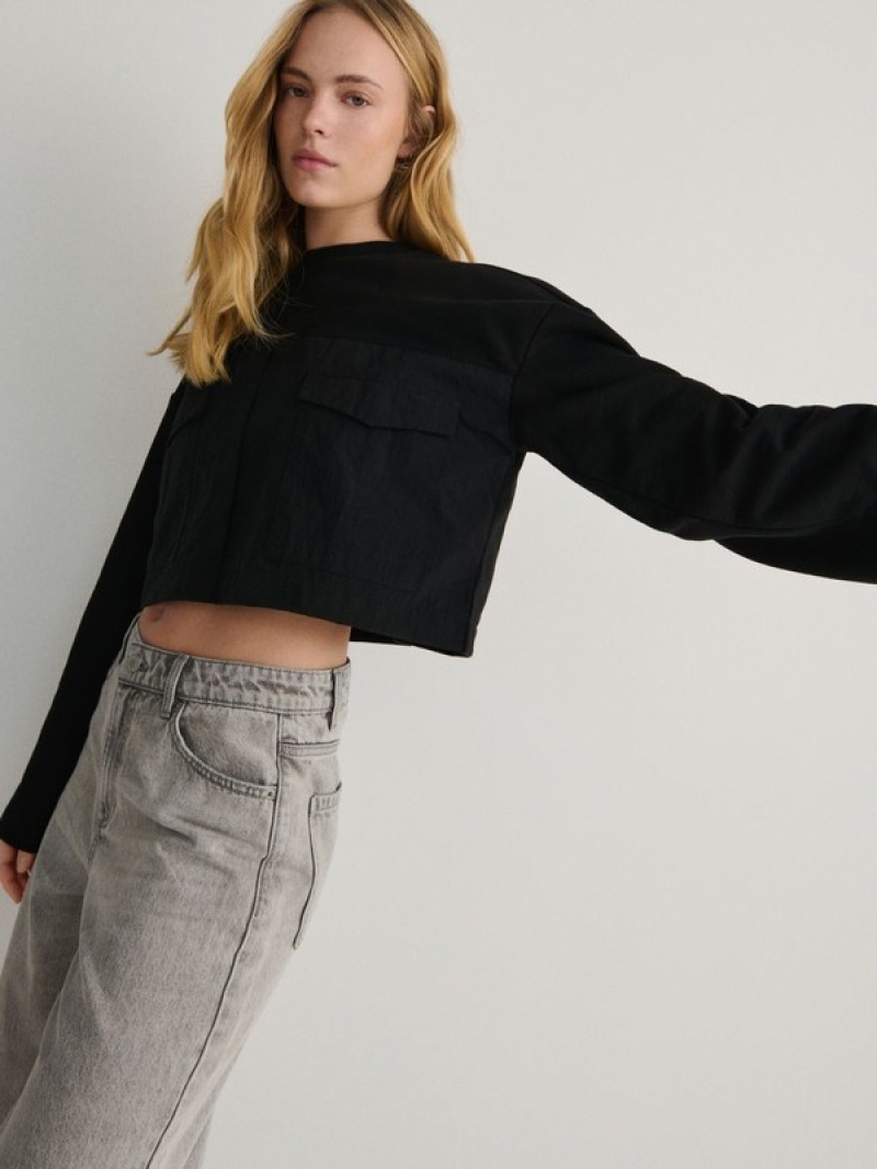 Black Reserved Combined Fabrics Cropped Women's Sweatshirts | CWUS-36425