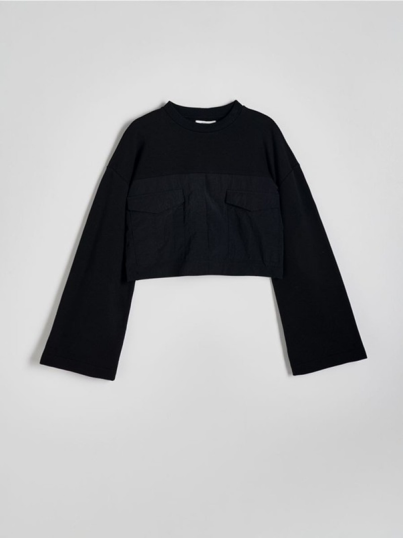 Black Reserved Combined Fabrics Cropped Women's Sweatshirts | CWUS-36425