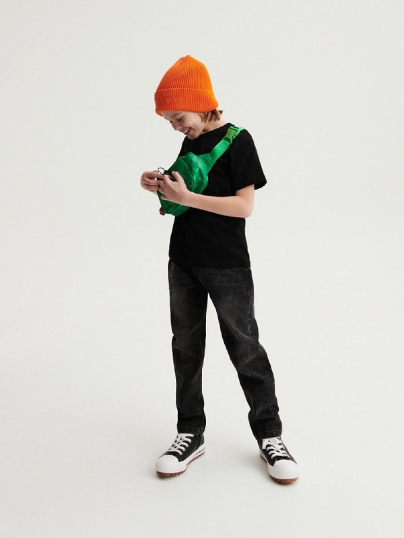 Black Reserved Cotton Boys' T-shirts | XOGL-39856