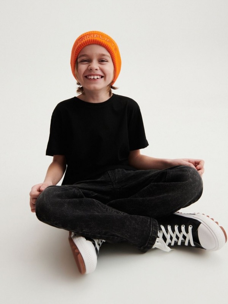 Black Reserved Cotton Boys' T-shirts | XOGL-39856