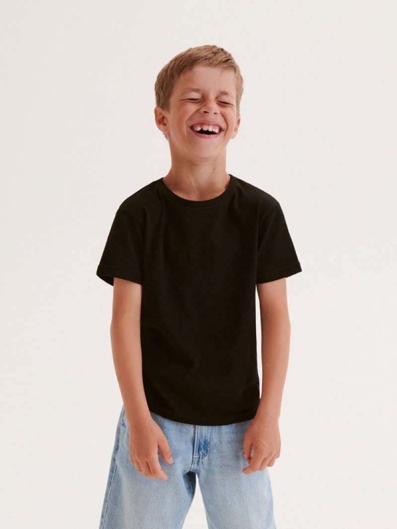 Black Reserved Cotton Boys' T-shirts | XOGL-39856