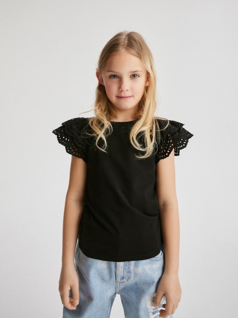 Black Reserved Cotton Girls' T-shirts | PHIE-73906