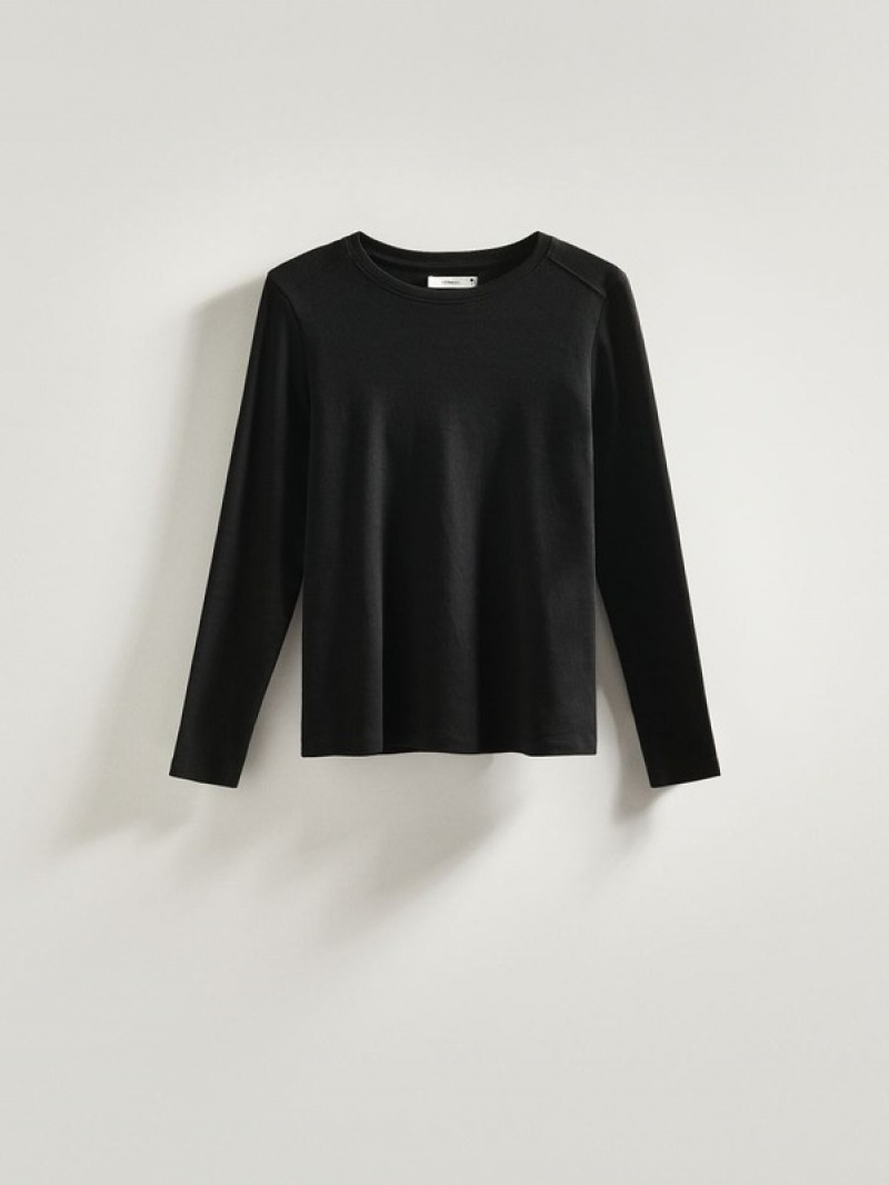 Black Reserved Cotton Long Sleeve Women's T-shirts | EIWN-89215