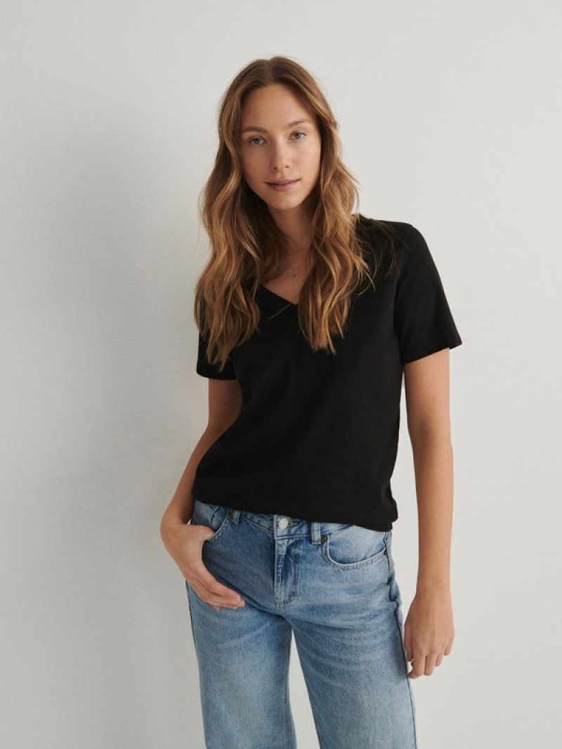 Black Reserved Cotton Women's T-shirts | SXOQ-56842