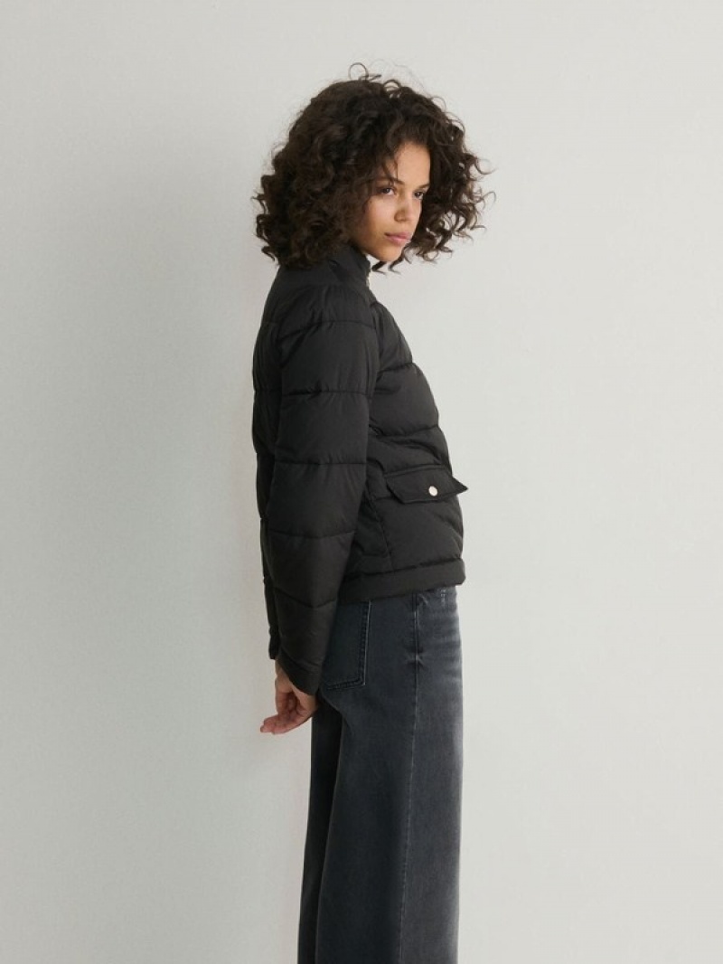 Black Reserved Cropped Quilted Women's Jackets | AOJB-76095