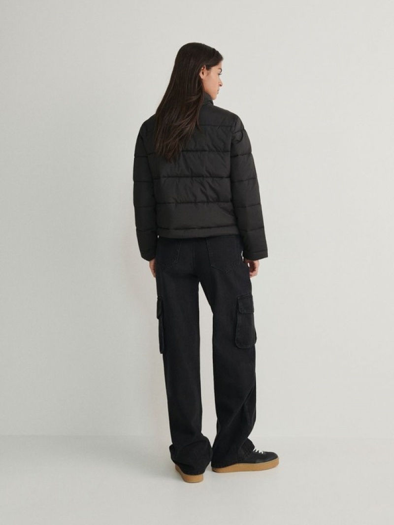 Black Reserved Cropped Quilted Women's Jackets | MHWZ-02763