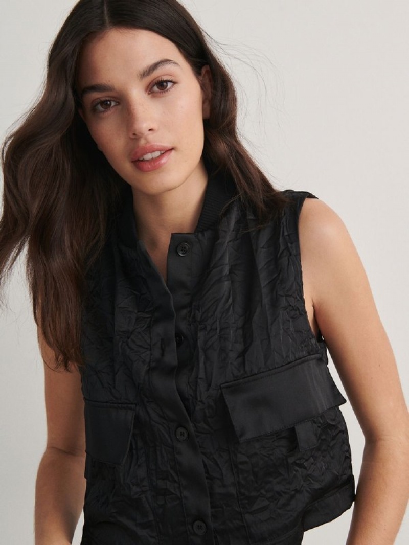 Black Reserved Crushed Fabric Women's Vest | HLAG-03129