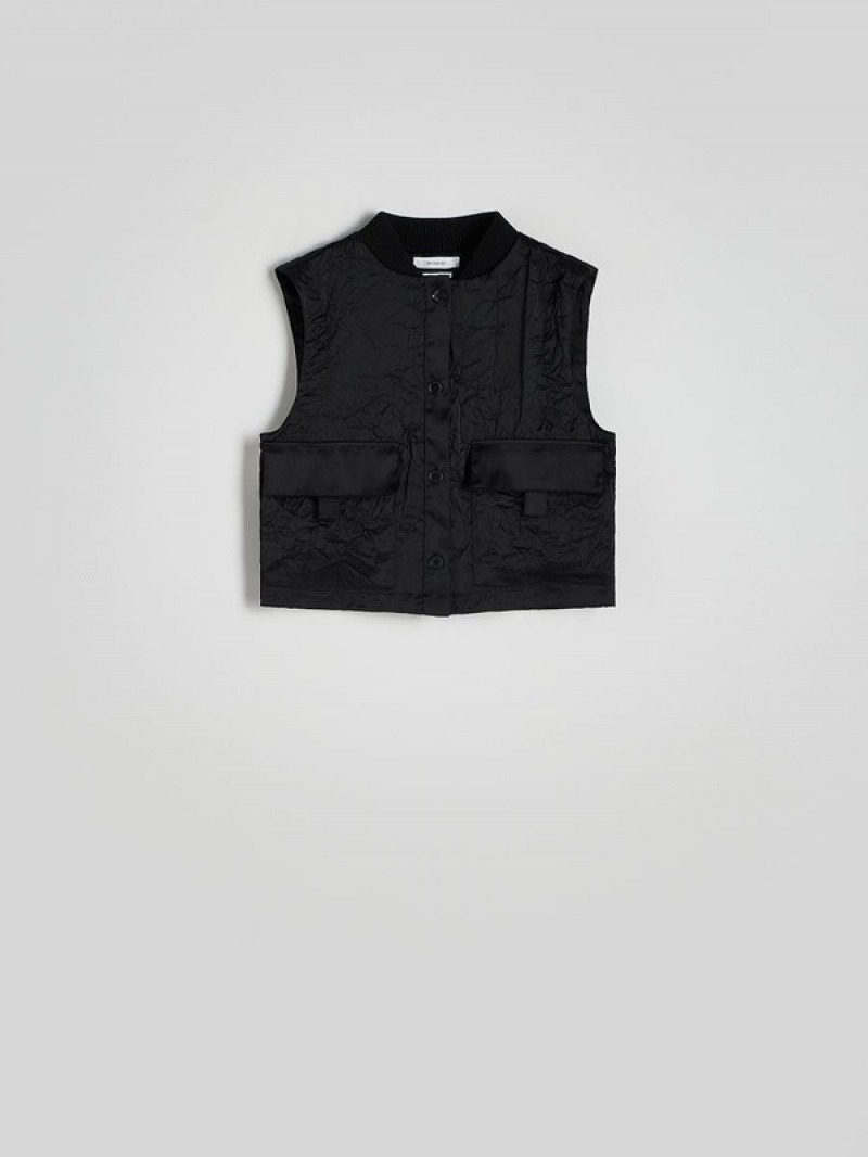 Black Reserved Crushed Fabric Women's Vest | HLAG-03129