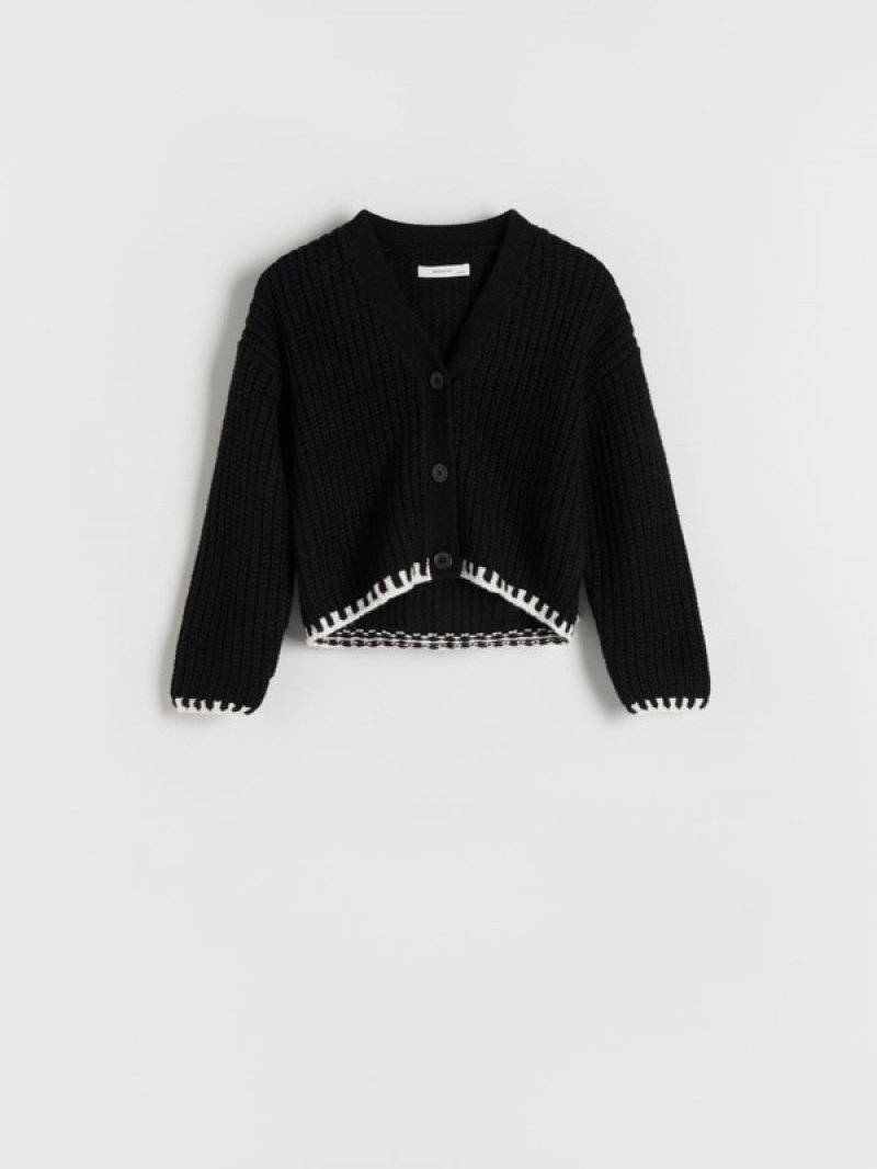 Black Reserved Decorative Knit Cardigan Girls' Sweaters | BGFP-82450