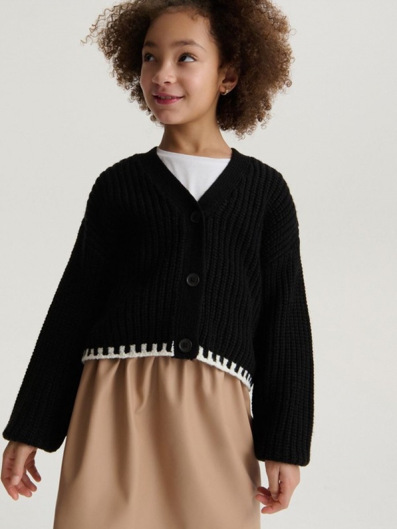 Black Reserved Decorative Knit Cardigan Girls' Sweaters | BGFP-82450