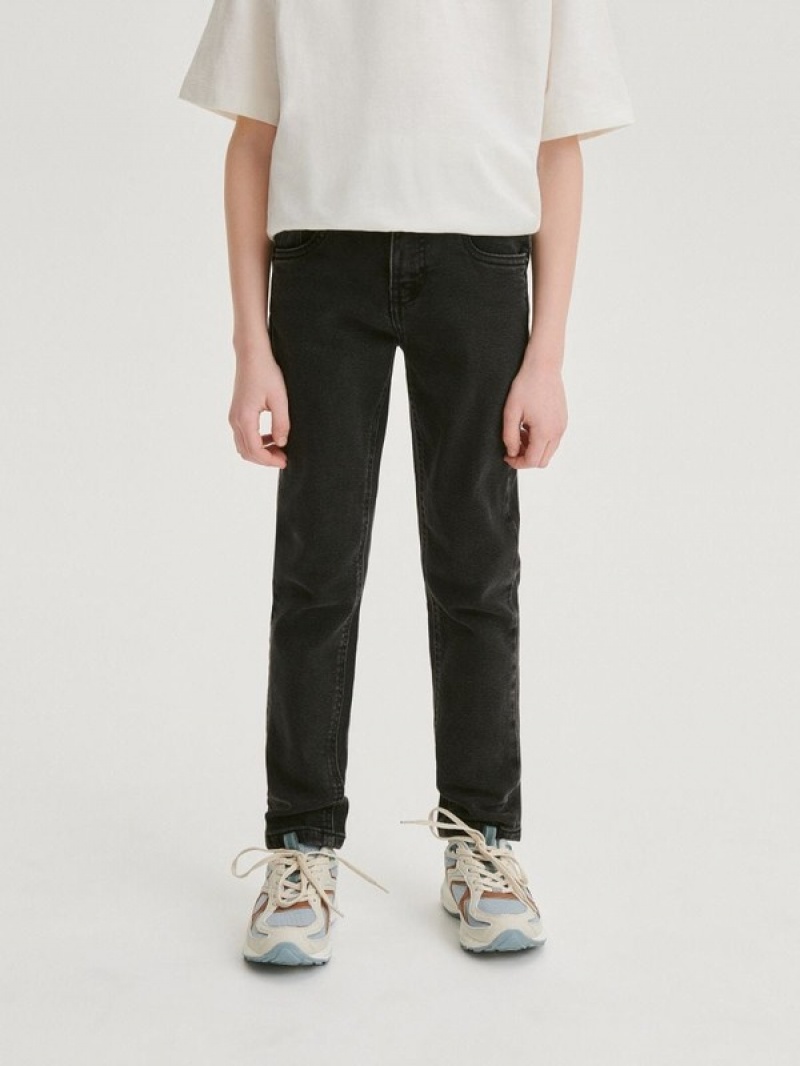 Black Reserved Elastic Slim Boys' Jeans | FNJG-70235