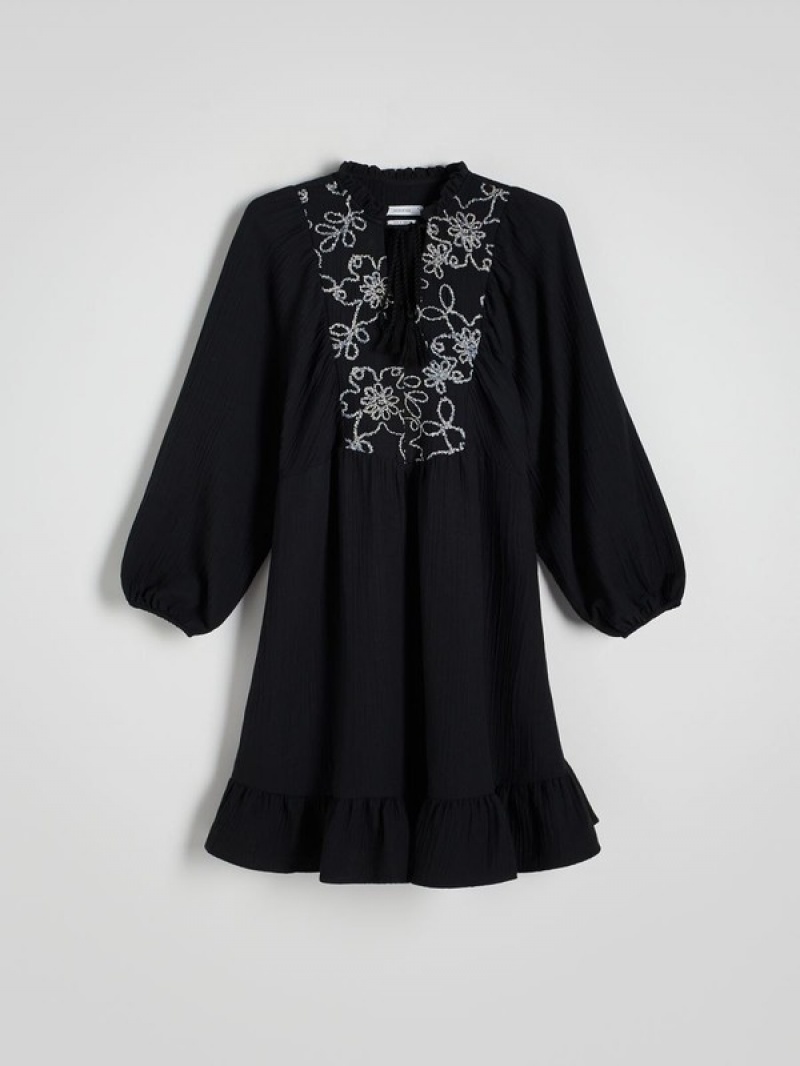 Black Reserved Embroidered Women's Dress | GRUJ-41983