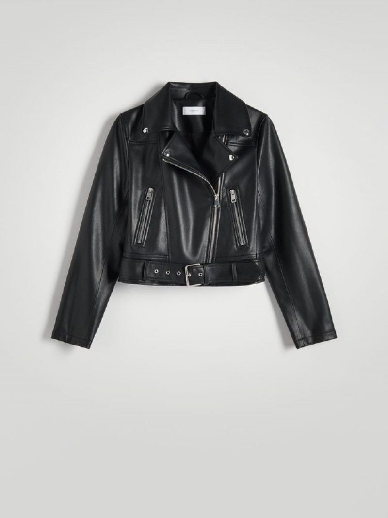 Black Reserved Faux Leather Biker Women's Jackets | ZXMT-16549