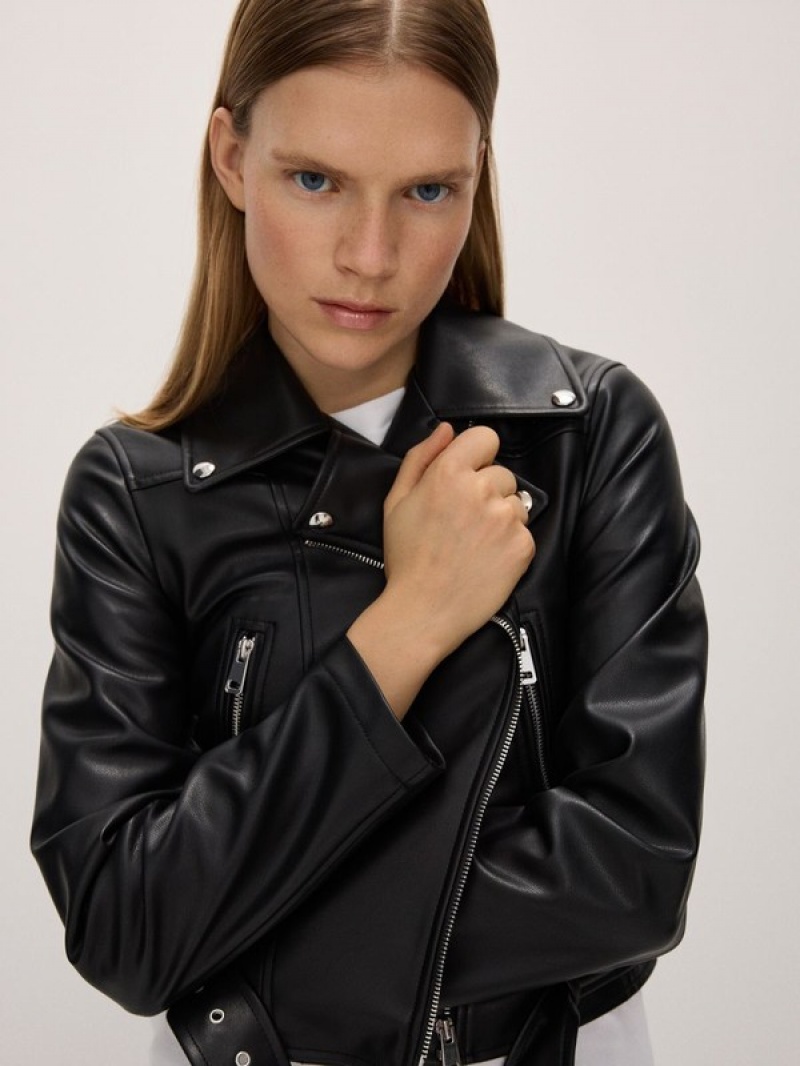 Black Reserved Faux Leather Biker Women's Jackets | AGUS-10643