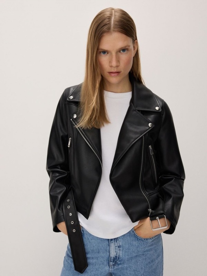 Black Reserved Faux Leather Biker Women's Jackets | AGUS-10643