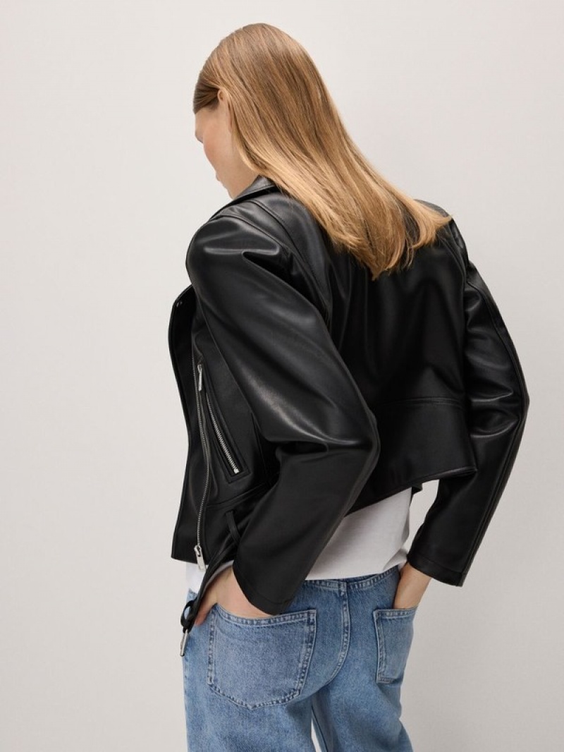 Black Reserved Faux Leather Biker Women's Jackets | AGUS-10643