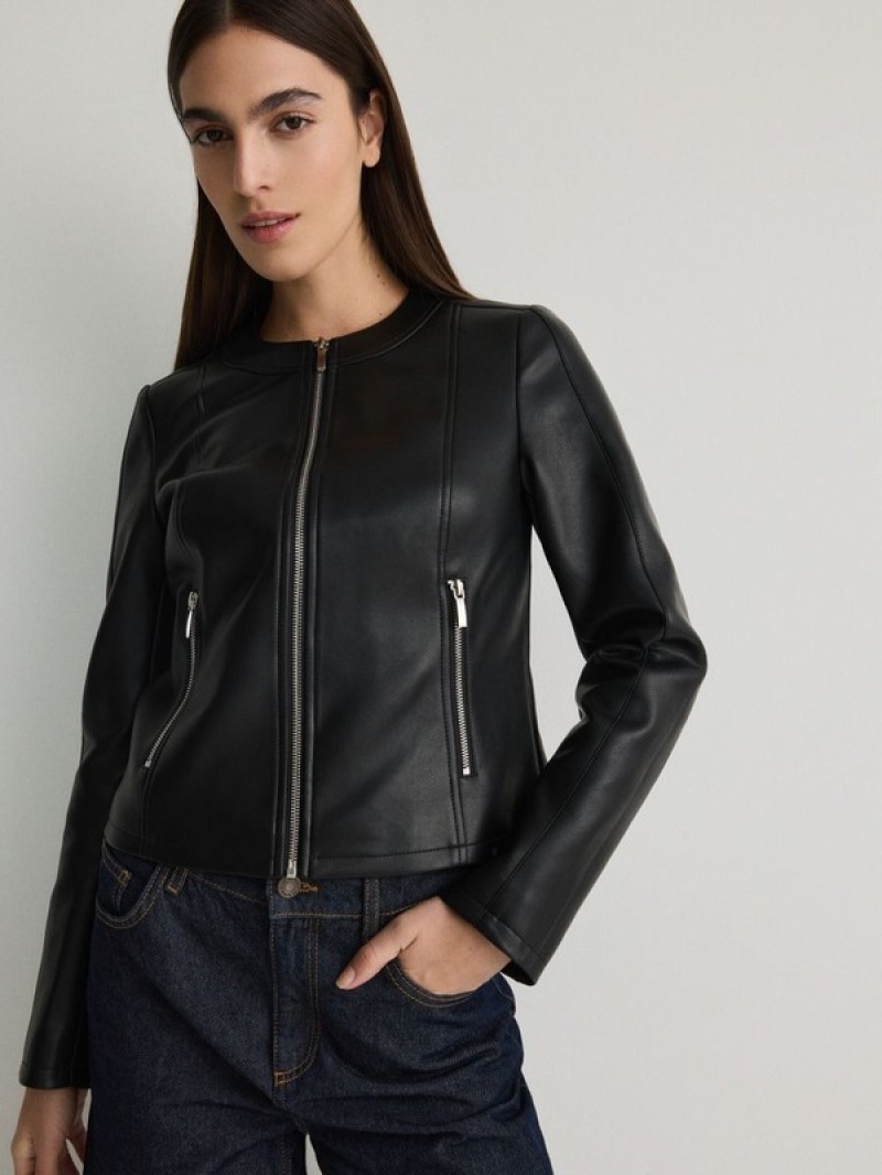 Black Reserved Faux Leather Biker Women's Jackets | ZLRU-16850