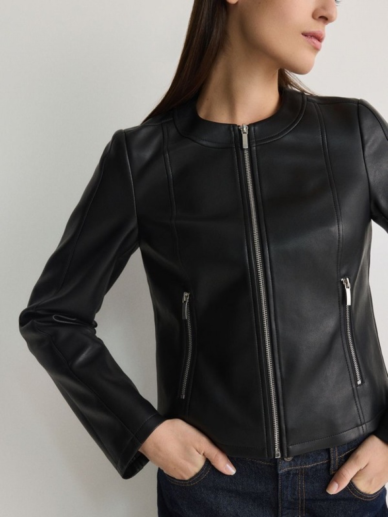 Black Reserved Faux Leather Biker Women's Jackets | ZLRU-16850