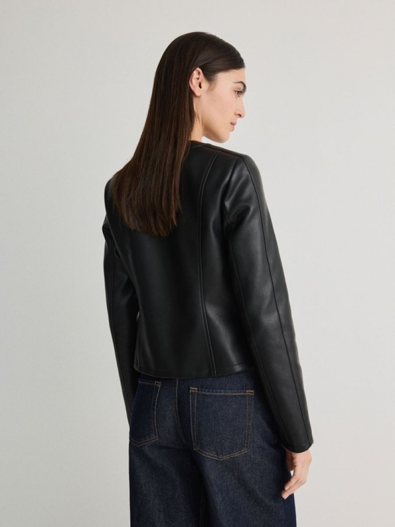 Black Reserved Faux Leather Biker Women's Jackets | ZLRU-16850