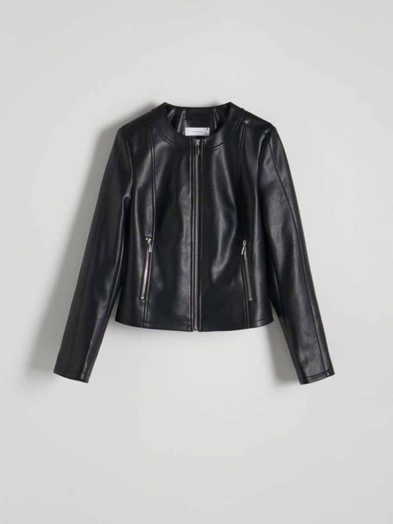 Black Reserved Faux Leather Biker Women's Jackets | ZLRU-16850