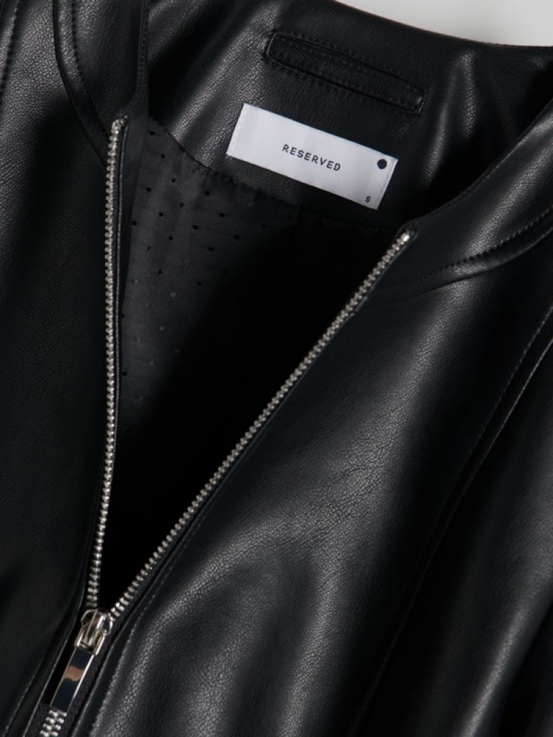 Black Reserved Faux Leather Biker Women's Jackets | ZLRU-16850