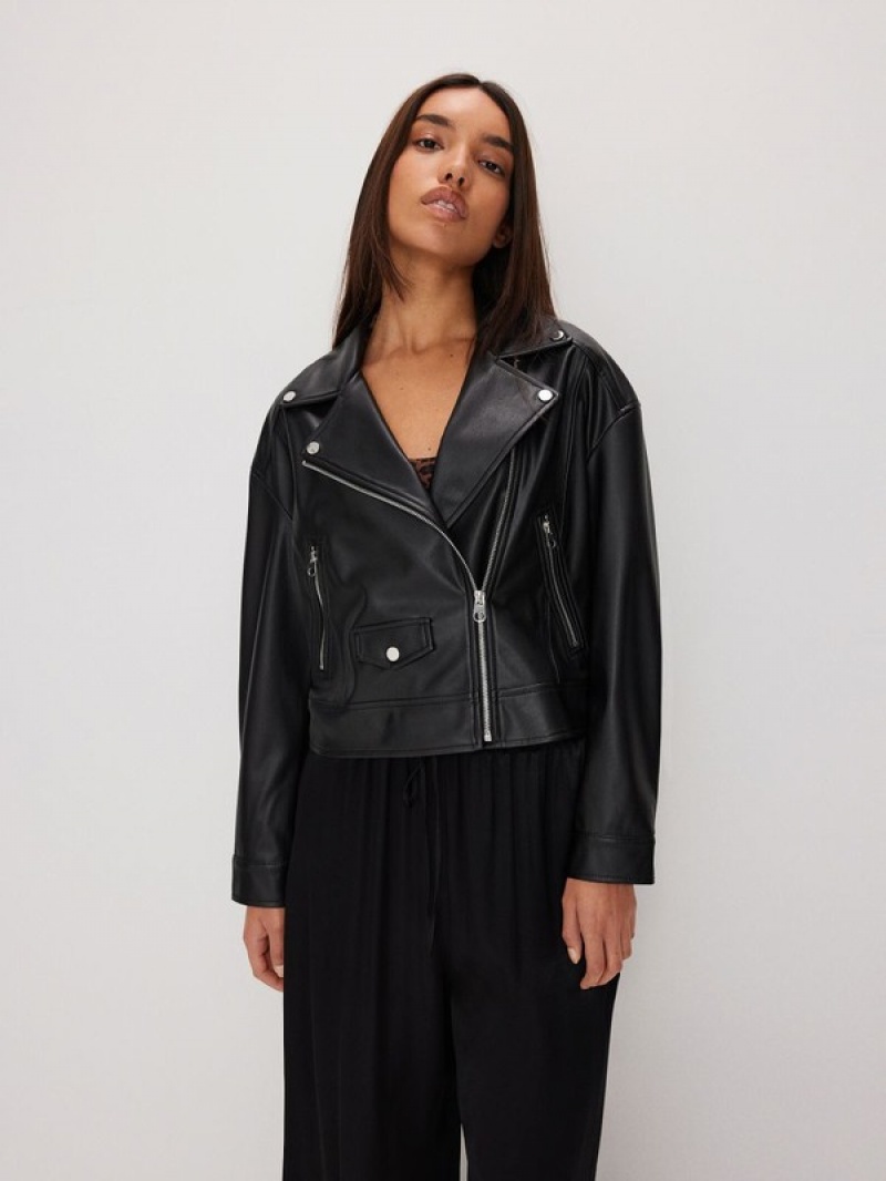 Black Reserved Faux Leather Biker Women's Jackets | VYWZ-42365