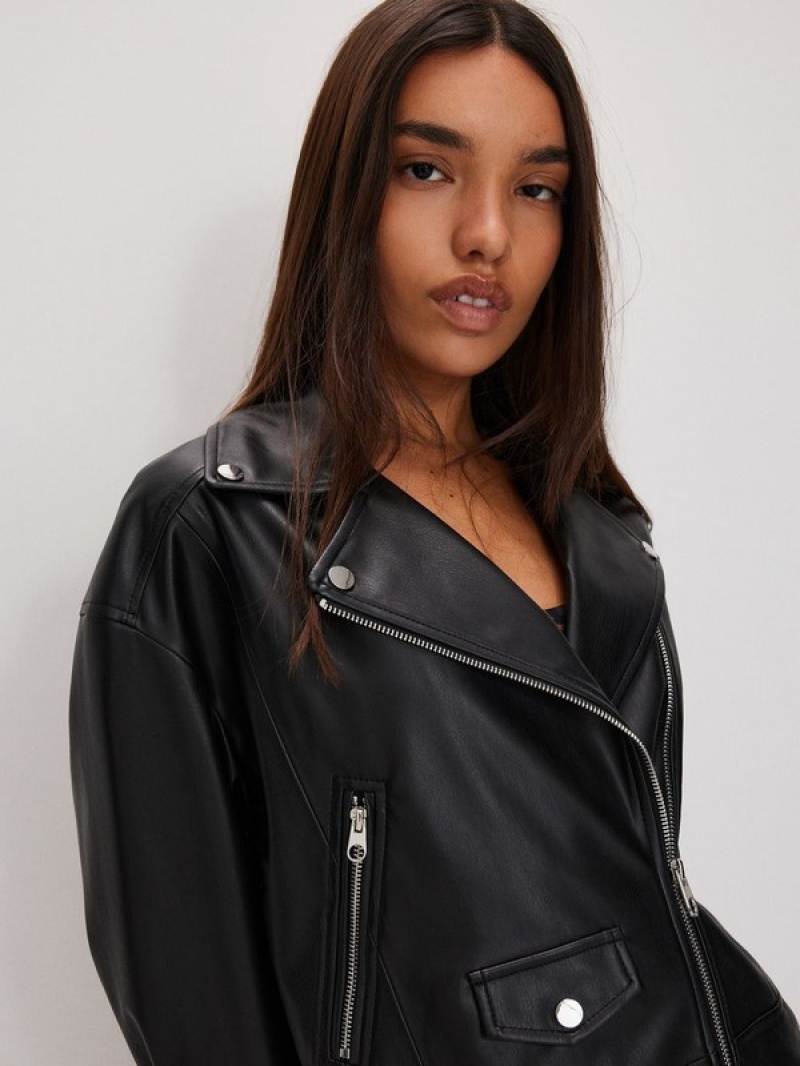 Black Reserved Faux Leather Biker Women's Jackets | VYWZ-42365