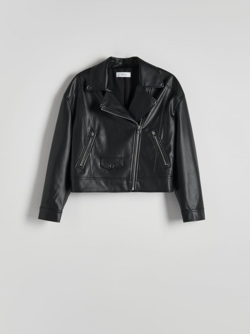 Black Reserved Faux Leather Biker Women's Jackets | VYWZ-42365