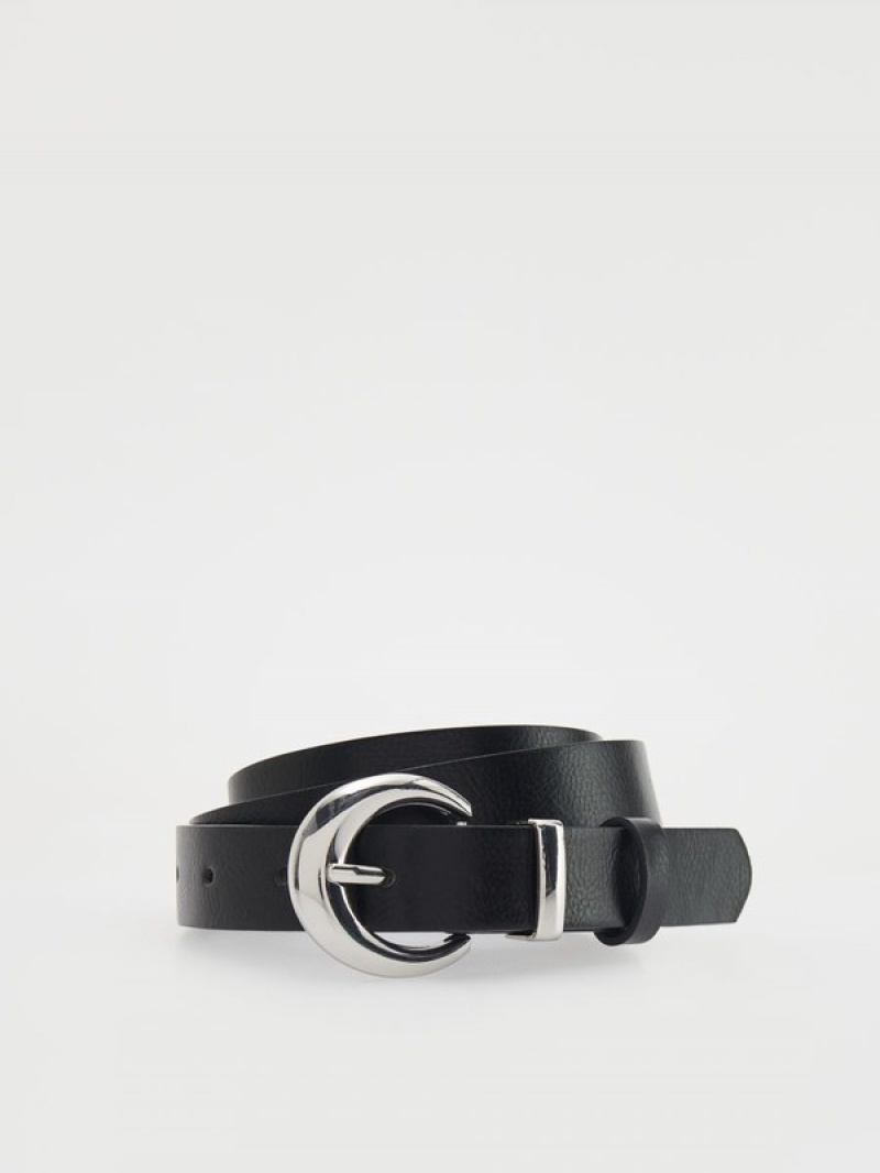 Black Reserved Faux Leather Women\'s Belts | HIKQ-03864