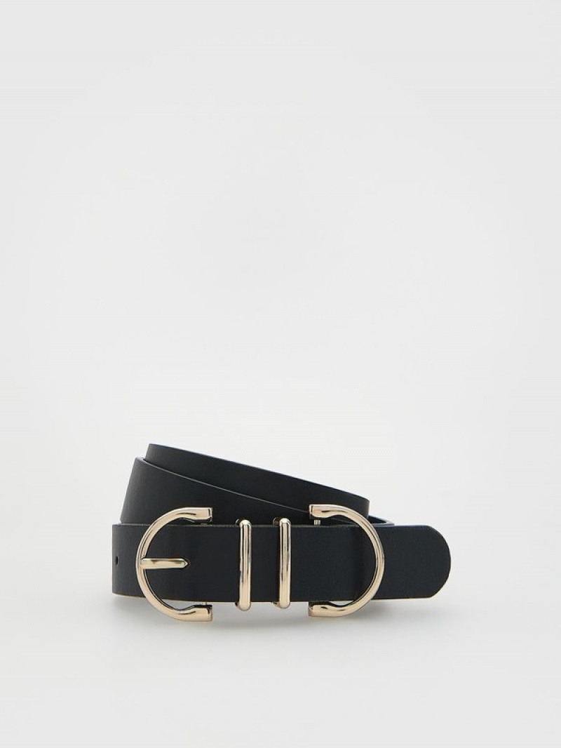 Black Reserved Faux Leather Women's Belts | OBTY-74013