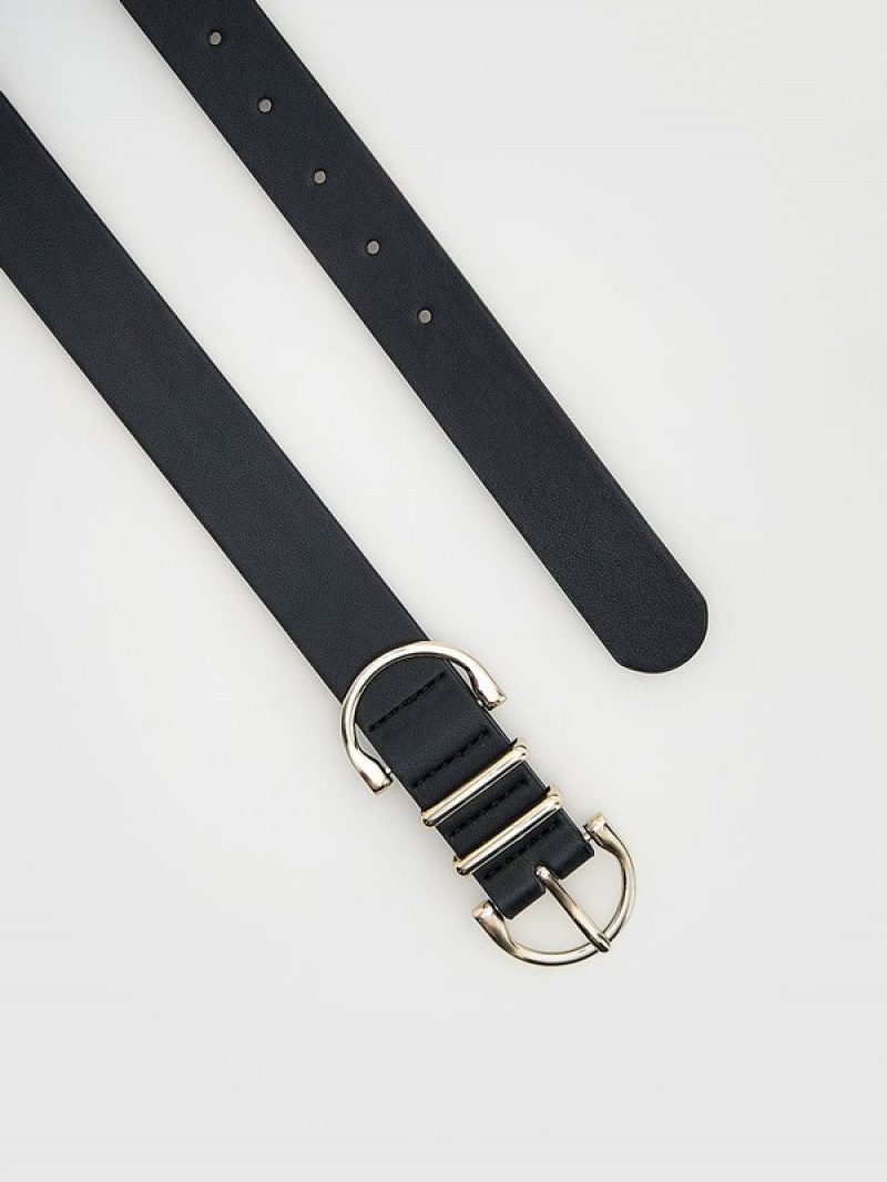 Black Reserved Faux Leather Women's Belts | OBTY-74013