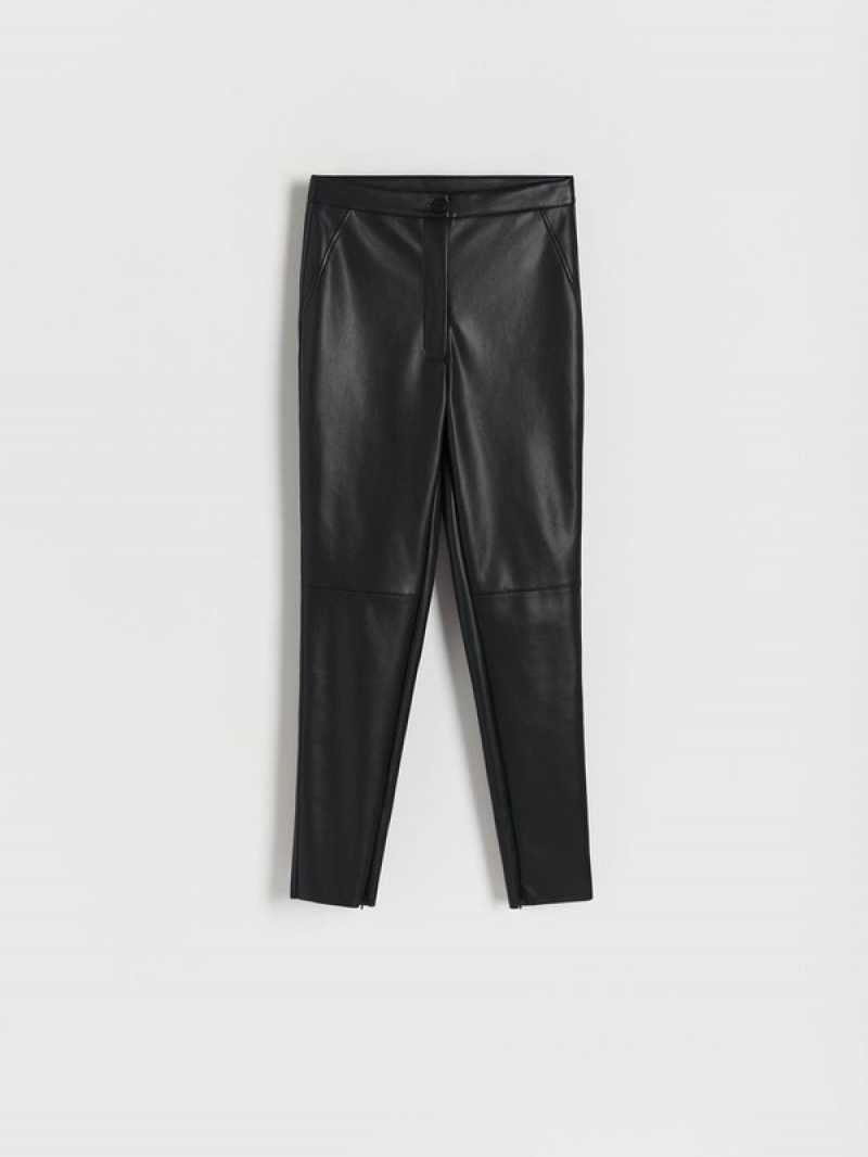 Black Reserved Faux Leather Women's Trousers | RKMW-81465