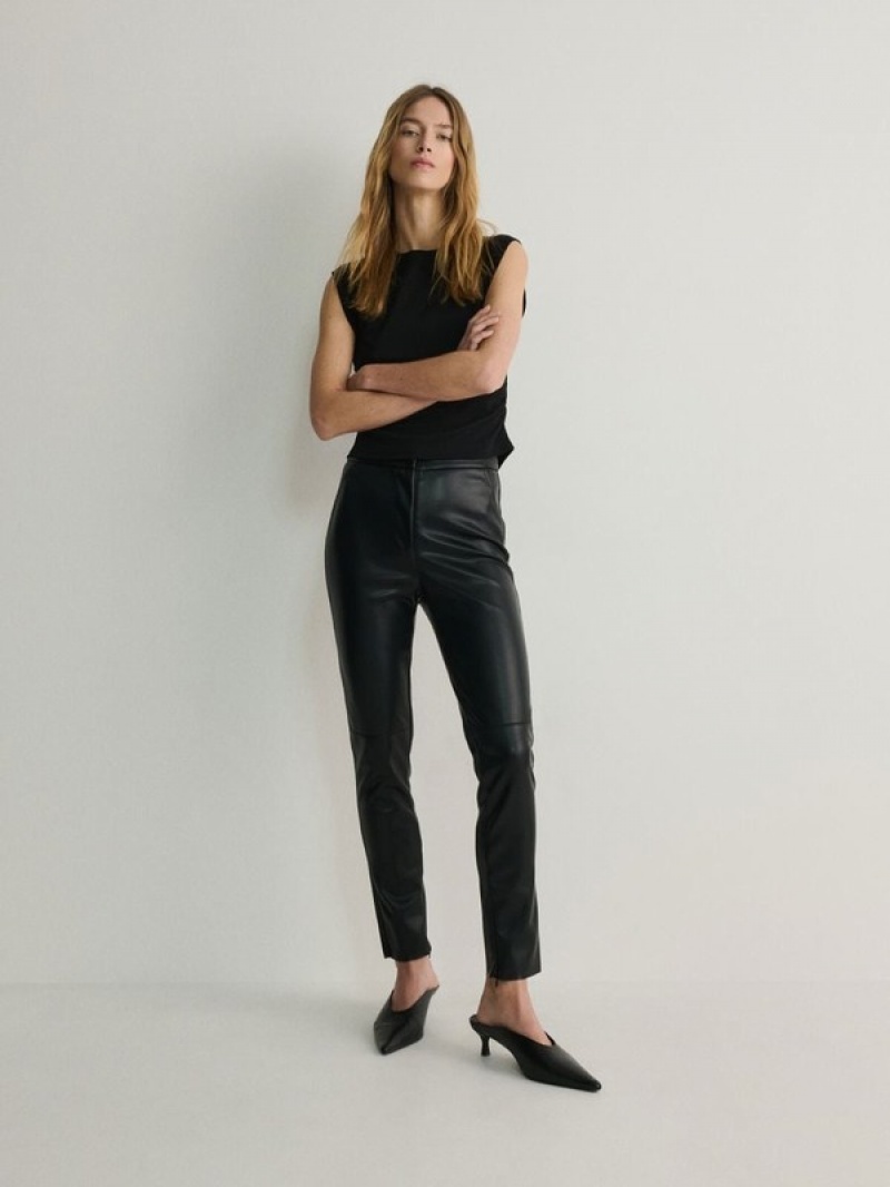 Black Reserved Faux Leather Women's Trousers | KGCZ-70215