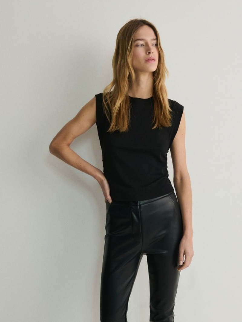 Black Reserved Faux Leather Women's Trousers | KGCZ-70215