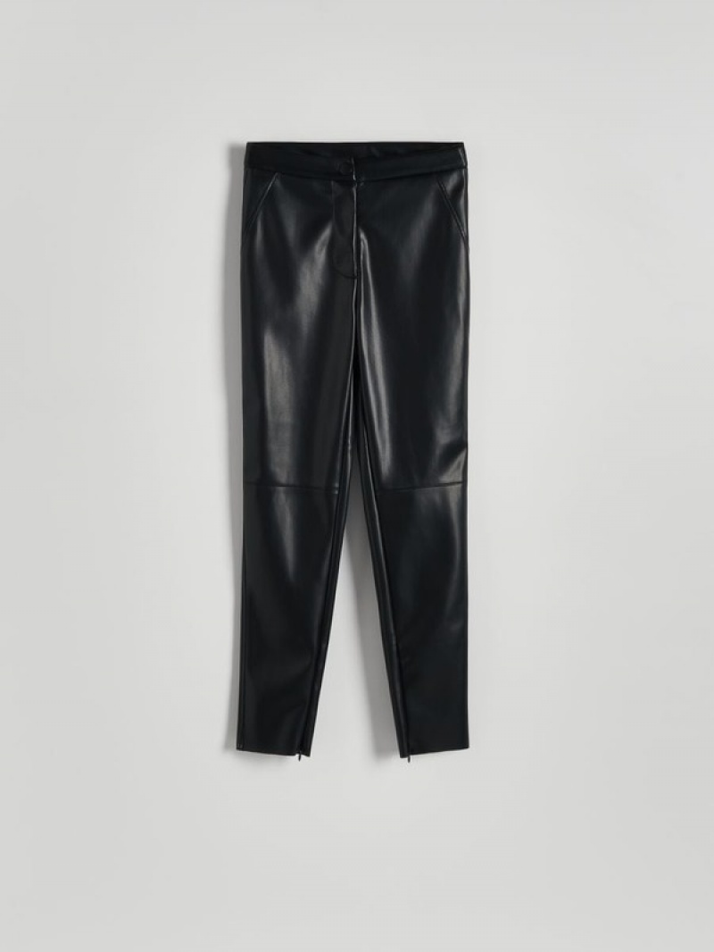 Black Reserved Faux Leather Women's Trousers | KGCZ-70215