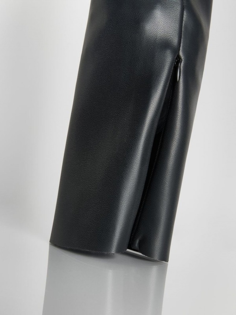 Black Reserved Faux Leather Women's Trousers | KGCZ-70215