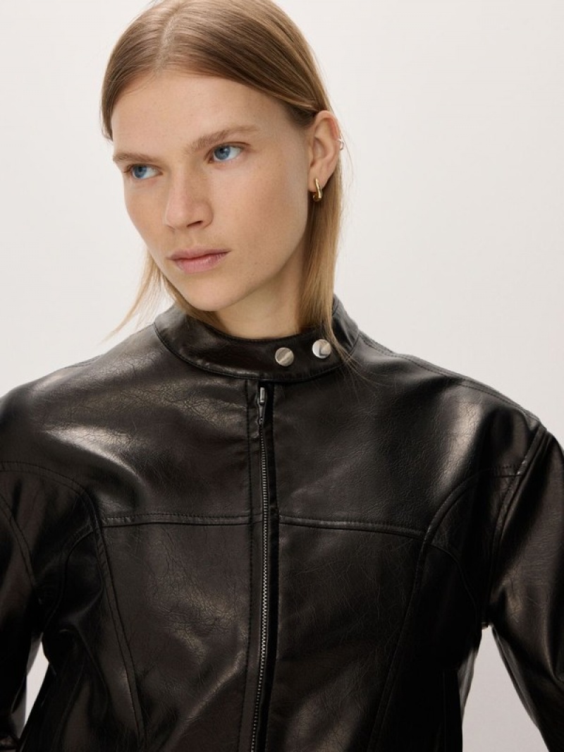 Black Reserved Faux Leatherstand Up Collar Women's Jackets | TMJN-81392