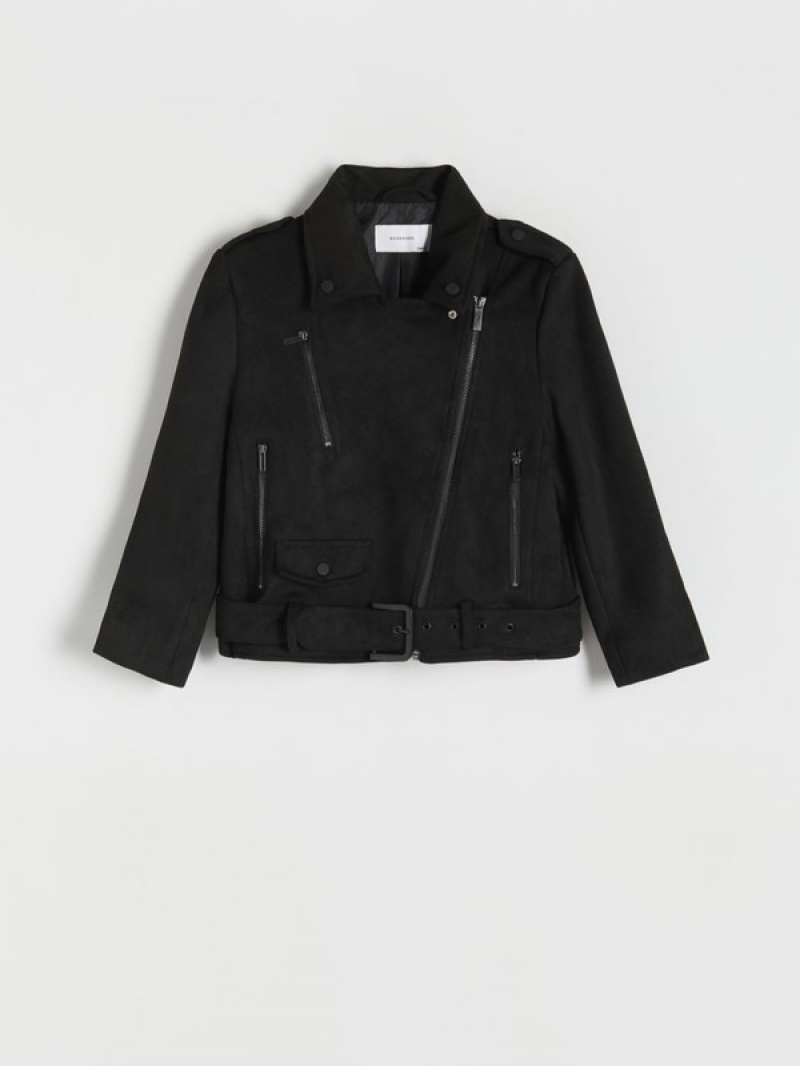 Black Reserved Faux Suede Biker Girls' Jackets | WELZ-39052