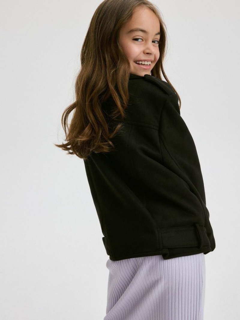 Black Reserved Faux Suede Biker Girls' Jackets | WELZ-39052