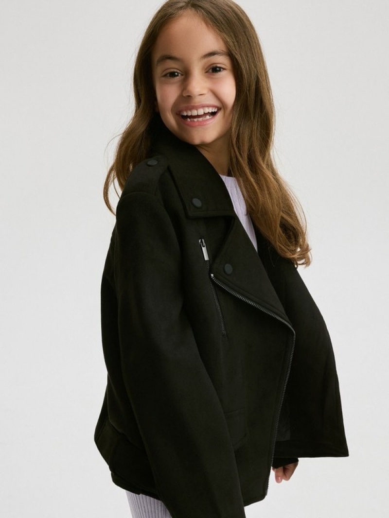 Black Reserved Faux Suede Biker Girls' Jackets | WELZ-39052